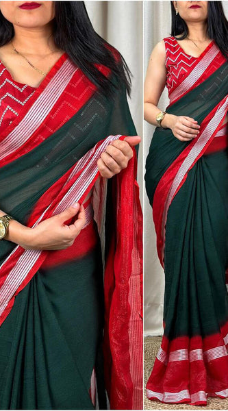 Palimpsest Dark Green Digital Printed Chiffon Saree With Fugacious Blouse Piece