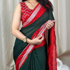 Palimpsest Dark Green Digital Printed Chiffon Saree With Fugacious Blouse Piece