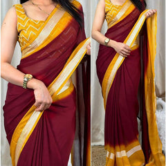 Surreptitious Maroon Digital Printed Chiffon Saree With Transcendent Blouse Piece