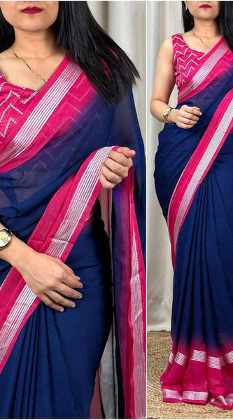 Exquisite Navy Blue Digital Printed Chiffon Saree With Radiant Blouse Piece