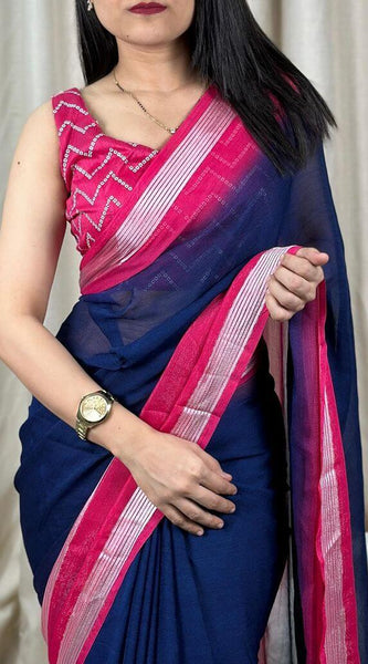 Exquisite Navy Blue Digital Printed Chiffon Saree With Radiant Blouse Piece
