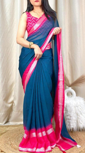 Ineffable Rama Digital Printed Chiffon Saree With Rhapsody Blouse Piece