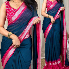 Ineffable Rama Digital Printed Chiffon Saree With Rhapsody Blouse Piece