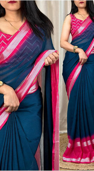 Ineffable Rama Digital Printed Chiffon Saree With Rhapsody Blouse Piece
