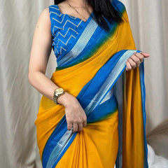 Vivacious Yellow Digital Printed Chiffon Saree With Supernal Blouse Piece