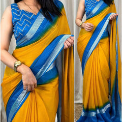 Vivacious Yellow Digital Printed Chiffon Saree With Supernal Blouse Piece