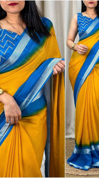 Vivacious Yellow Digital Printed Chiffon Saree With Supernal Blouse Piece