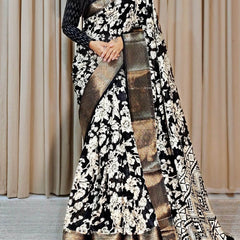 Charming Black Digital Printed Soft Silk Saree With Gorgeous Blouse Piece
