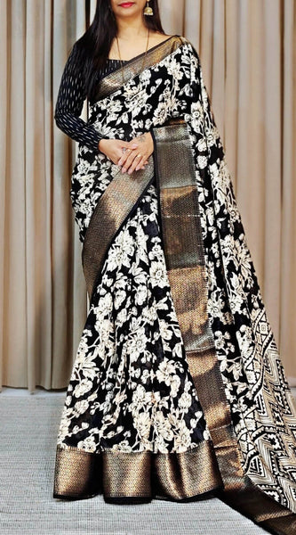 Charming Black Digital Printed Soft Silk Saree With Gorgeous Blouse Piece