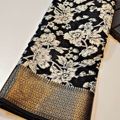 Charming Black Digital Printed Soft Silk Saree With Gorgeous Blouse Piece
