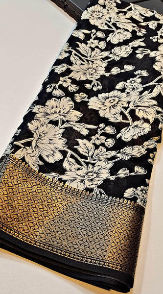 Charming Black Digital Printed Soft Silk Saree With Gorgeous Blouse Piece