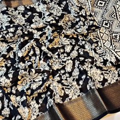 Charming Black Digital Printed Soft Silk Saree With Gorgeous Blouse Piece