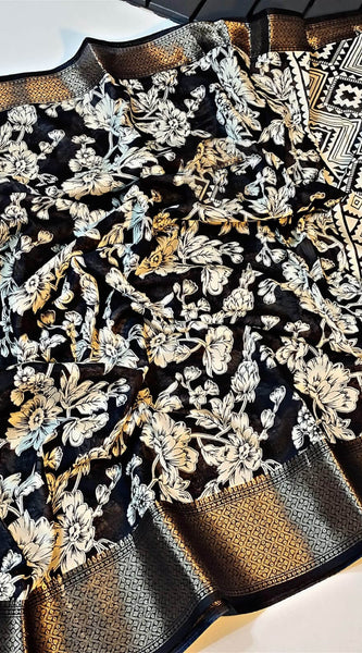 Charming Black Digital Printed Soft Silk Saree With Gorgeous Blouse Piece