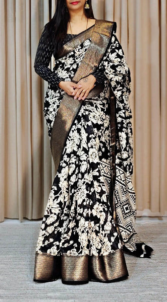 Charming Black Digital Printed Soft Silk Saree With Gorgeous Blouse Piece