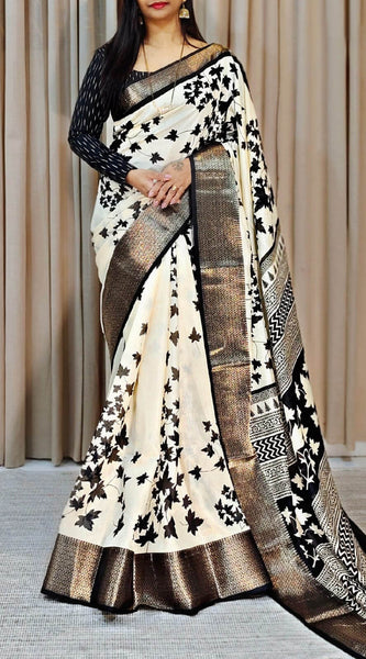 Trendy Off White Digital Printed Soft Silk Saree With Flaunt Blouse Piece