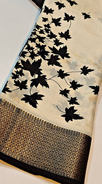 Trendy Off White Digital Printed Soft Silk Saree With Flaunt Blouse Piece