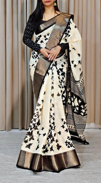 Trendy Off White Digital Printed Soft Silk Saree With Flaunt Blouse Piece