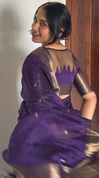 Fantabulous Purple Cotton Silk Saree With Pleasurable Blouse Piece