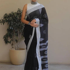 Petrichor Black Cotton Silk Saree With Traditional Blouse Piece