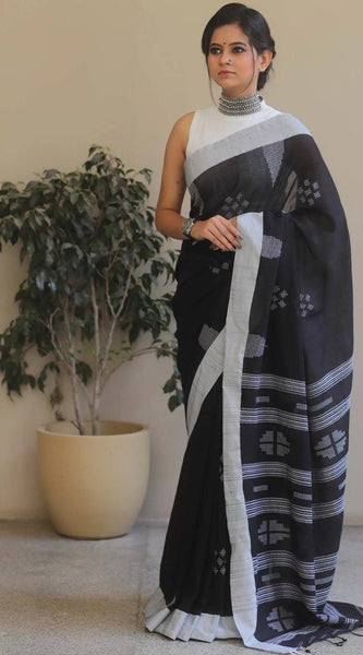 Petrichor Black Cotton Silk Saree With Traditional Blouse Piece