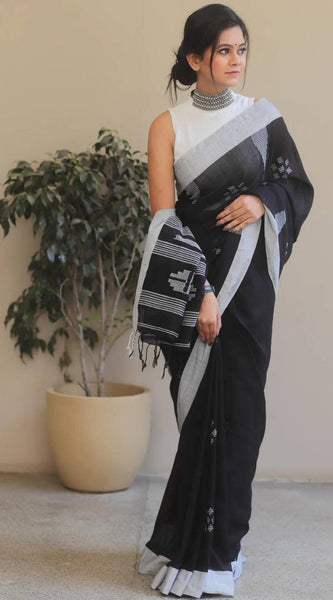 Petrichor Black Cotton Silk Saree With Traditional Blouse Piece