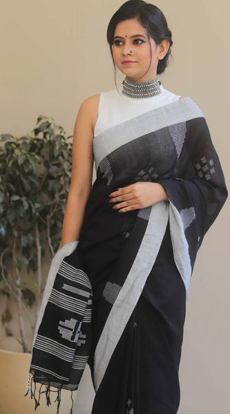 Petrichor Black Cotton Silk Saree With Traditional Blouse Piece