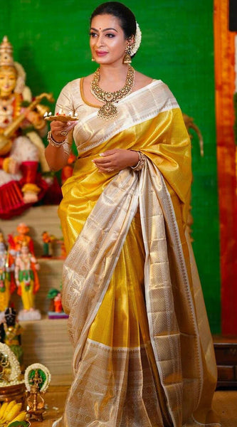Bucolic Yellow Kanjivaram Silk Saree With Smashing Blouse Piece