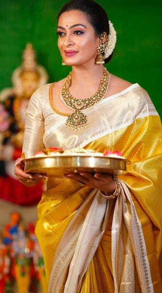 Bucolic Yellow Kanjivaram Silk Saree With Smashing Blouse Piece