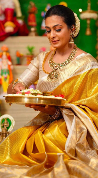 Bucolic Yellow Kanjivaram Silk Saree With Smashing Blouse Piece