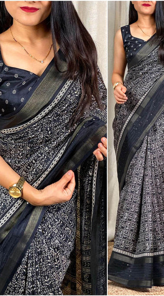 Cynosure Black Digital Printed Dola Silk Saree With Ebullience Blouse Piece