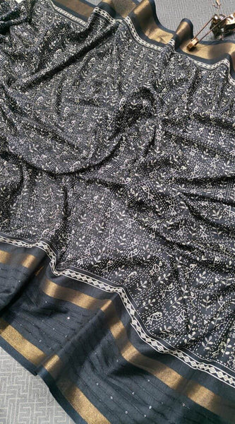 Cynosure Black Digital Printed Dola Silk Saree With Ebullience Blouse Piece