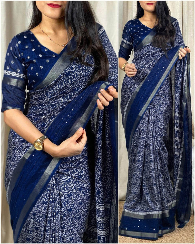 Epiphany Blue Digital Printed Dola Silk Saree With Evanescent Blouse Piece