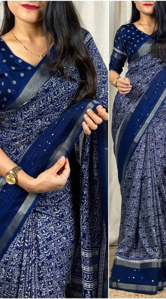 Epiphany Blue Digital Printed Dola Silk Saree With Evanescent Blouse Piece