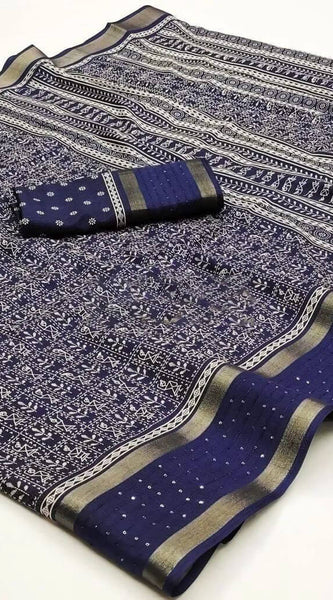 Epiphany Blue Digital Printed Dola Silk Saree With Evanescent Blouse Piece
