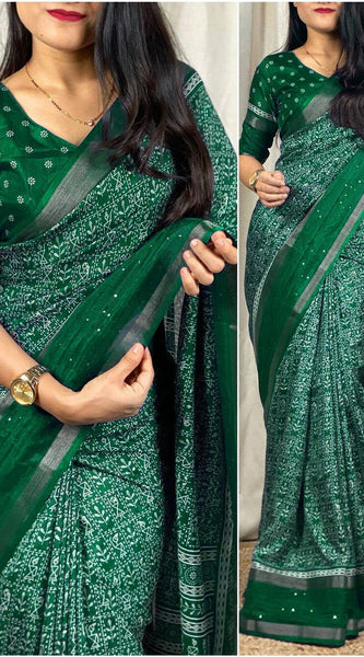 Nemesis Dark Green Digital Printed Dola Silk Saree With Demesne Blouse Piece