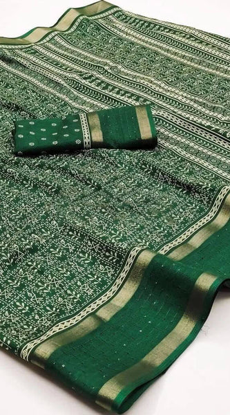 Nemesis Dark Green Digital Printed Dola Silk Saree With Demesne Blouse Piece