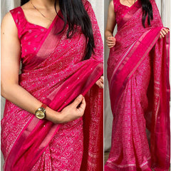 Ailurophile Dark Pink Digital Printed Dola Silk Saree With Exquisite Blouse Piece
