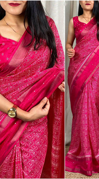 Ailurophile Dark Pink Digital Printed Dola Silk Saree With Exquisite Blouse Piece
