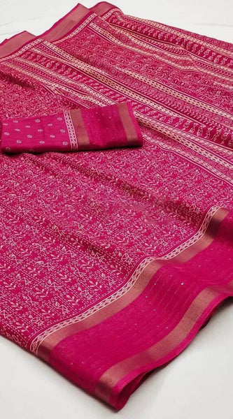 Ailurophile Dark Pink Digital Printed Dola Silk Saree With Exquisite Blouse Piece