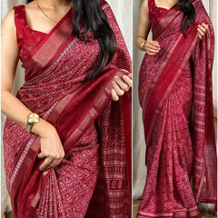 Mesmeric Maroon Digital Printed Dola Silk Saree With Arresting Blouse Piece