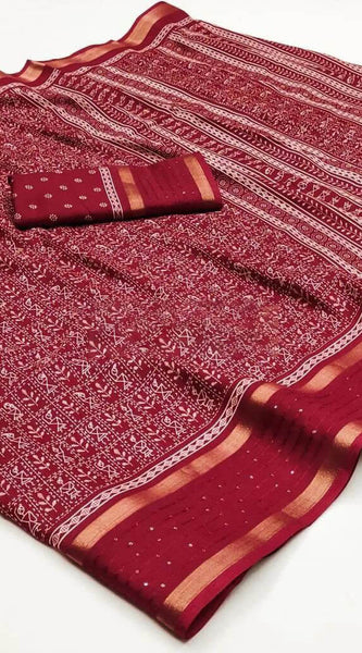 Mesmeric Maroon Digital Printed Dola Silk Saree With Arresting Blouse Piece