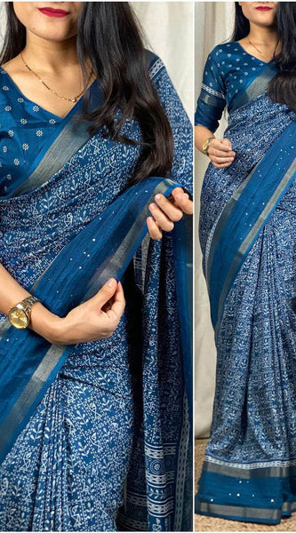 Intricate Rama Digital Printed Dola Silk Saree With Outstanding Blouse Piece
