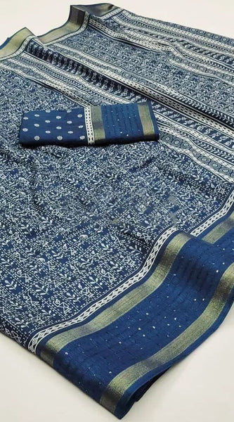 Intricate Rama Digital Printed Dola Silk Saree With Outstanding Blouse Piece