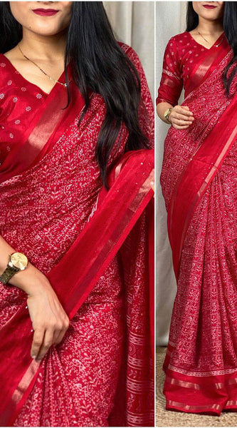 Sizzling Red Digital Printed Dola Silk Saree With Lovely Blouse Piece