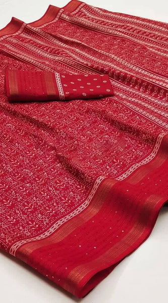 Sizzling Red Digital Printed Dola Silk Saree With Lovely Blouse Piece