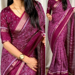 Precious Wine Digital Printed Dola Silk Saree With Amazing Blouse Piece