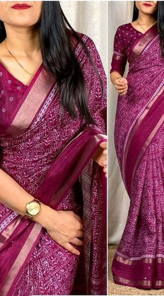 Precious Wine Digital Printed Dola Silk Saree With Amazing Blouse Piece