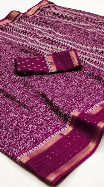 Precious Wine Digital Printed Dola Silk Saree With Amazing Blouse Piece