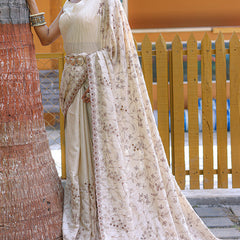 Trendy Beige Embroidery Work Soft Silk Saree With Sophisticated Blouse Piece