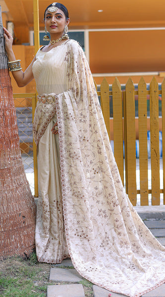 Trendy Beige Embroidery Work Soft Silk Saree With Sophisticated Blouse Piece